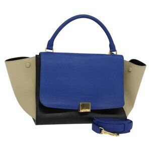 CELINE Trapeze Hand Bag Leather Blue Gold Auth BA990